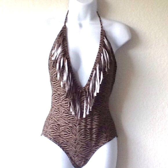 💥SALE💥Tori Praver Sexy Deep V Swimsuit Fringe - Picture 1 of 4
